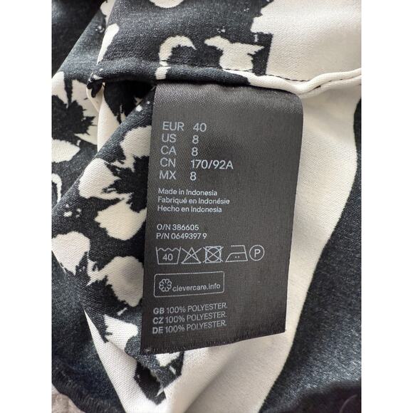 H&M Size 8 Floral Print 3/4 Sleeve Tie Knee Length Shift Dress Black White - Picture 7 of 10